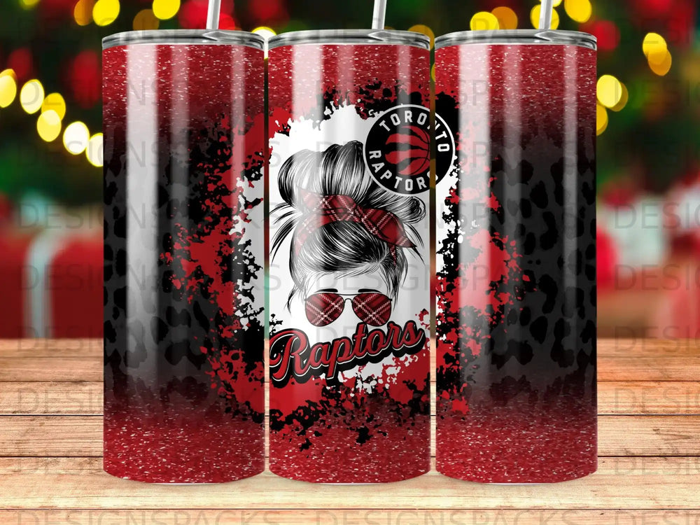 Toronto Raptors messy bun tumbler with red and black leopard print design.
