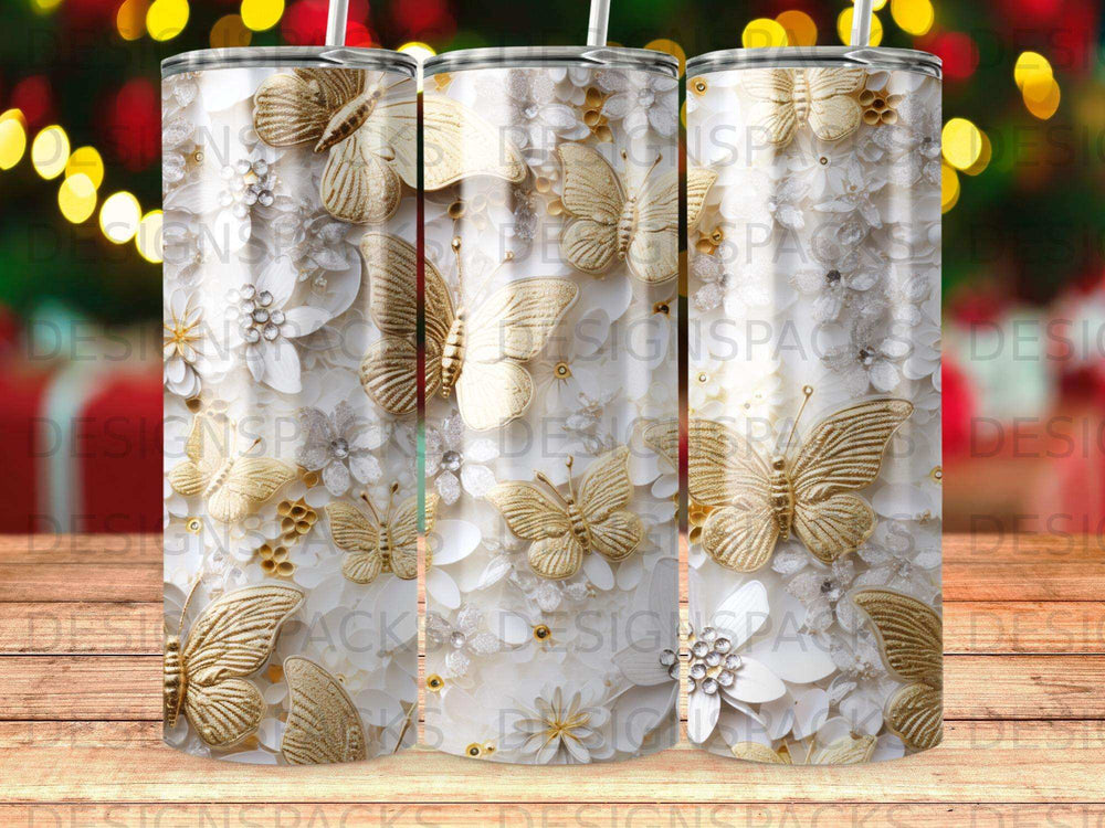 Gold butterflies and white flowers on a seamless tumbler wrap pattern.