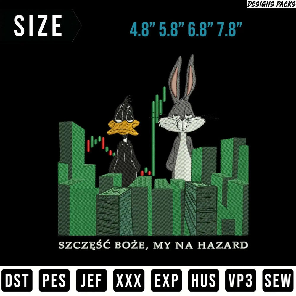 Bugs Bunny and Daffy Duck stand on stacks of money with a graph background.