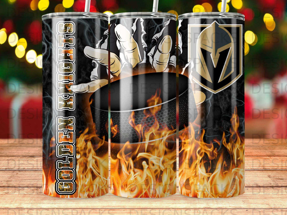 Golden Knights hockey puck and flames tumbler.