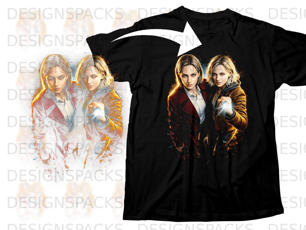 Black t-shirt with illustration of two women, one holding a glowing object.