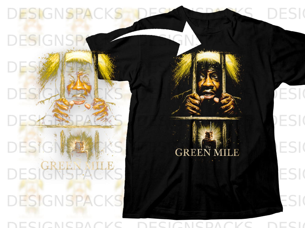 Black t-shirt featuring movie poster art for "The Green Mile" with John Coffey and a mouse.