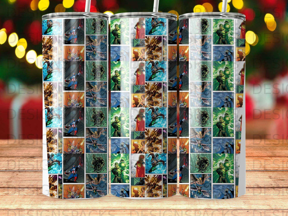 Collage of comic book panels featuring superheroes on a cylindrical tumbler.