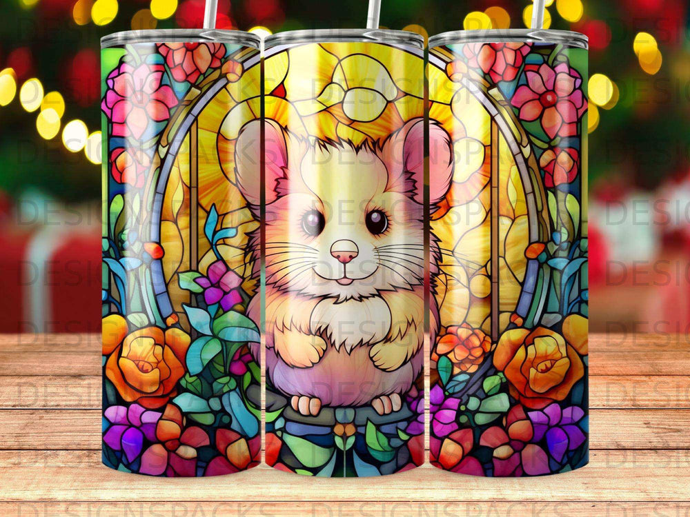 Cute hamster with stained-glass window and floral border.