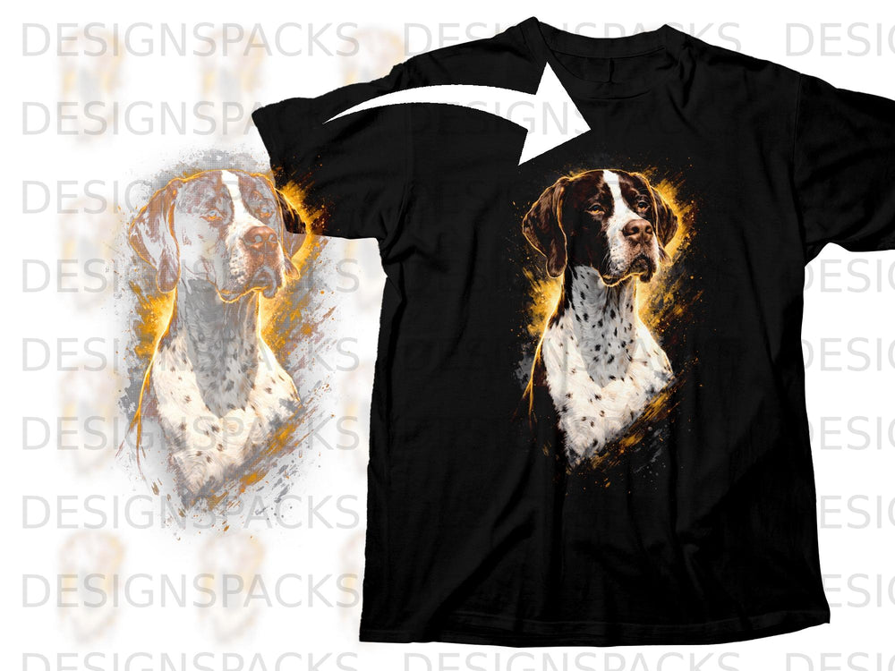 Black t-shirt with a watercolor painting of a German Shorthaired Pointer dog.