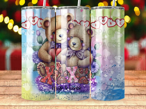 Two teddy bears hug, with 