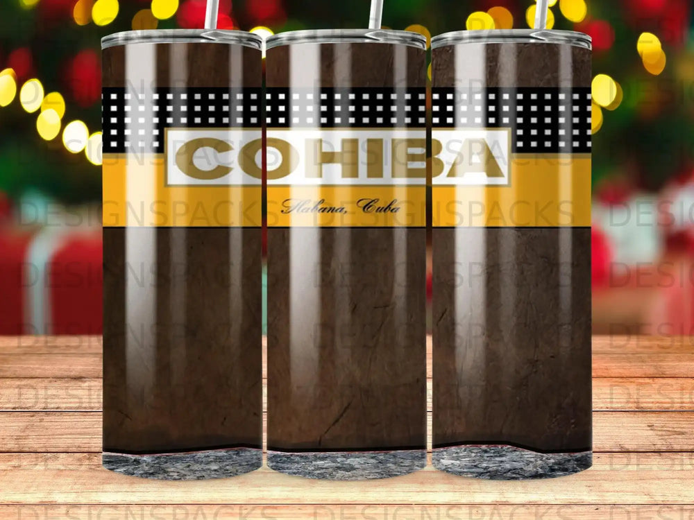 Cohiba Havana Cuba cigar tumbler with textured brown and black pattern.