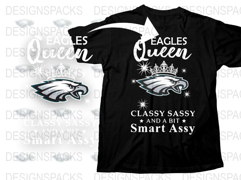 Eagles Queen T-Shirt, Women's Black Football Fan Tee, Sparkly Crown and Stars, Bold Graphic Sports Shirt