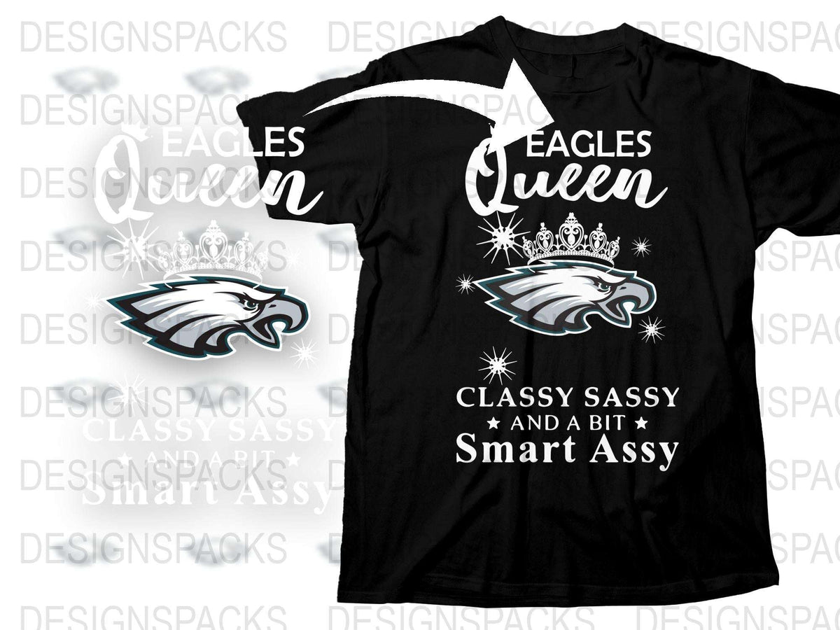Eagles Queen T-Shirt, Women's Black Football Fan Tee, Sparkly Crown and Stars, Bold Graphic Sports Shirt