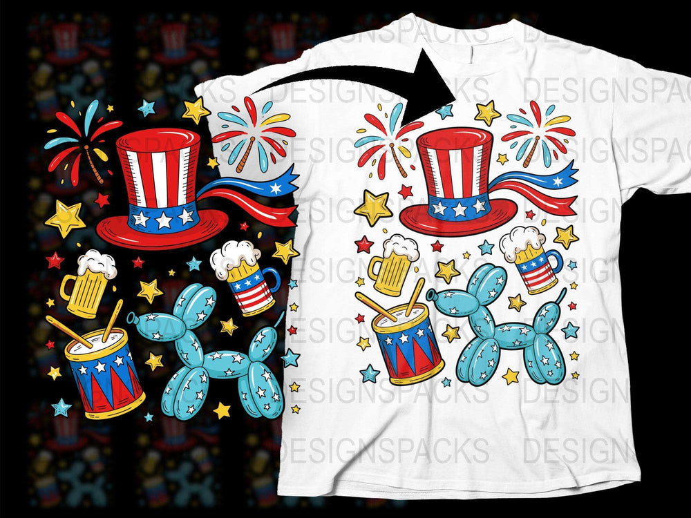 Patriotic T-Shirt USA Flag Colors, Fireworks, Top Hat and Beer Mugs Design, Unisex Fourth of July Apparel