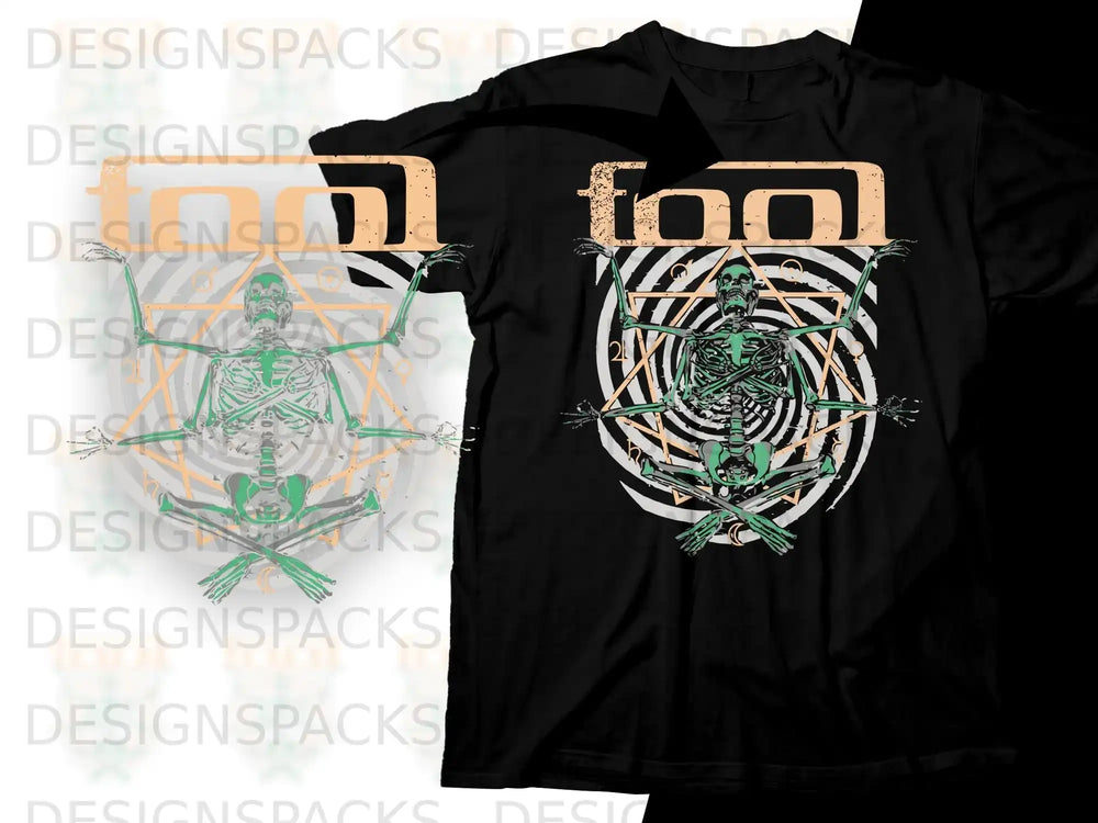 Black t-shirt with a green skeleton in a meditative pose and geometric designs.