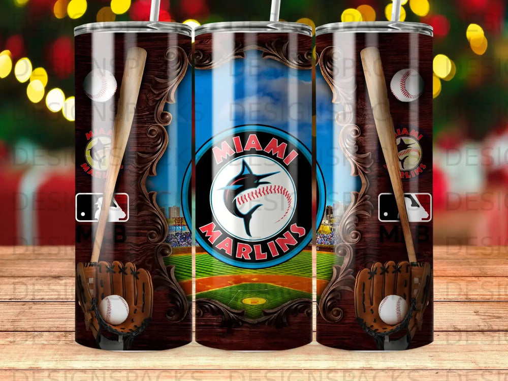 Miami Marlins baseball logo on a tumbler with baseball glove and bat.