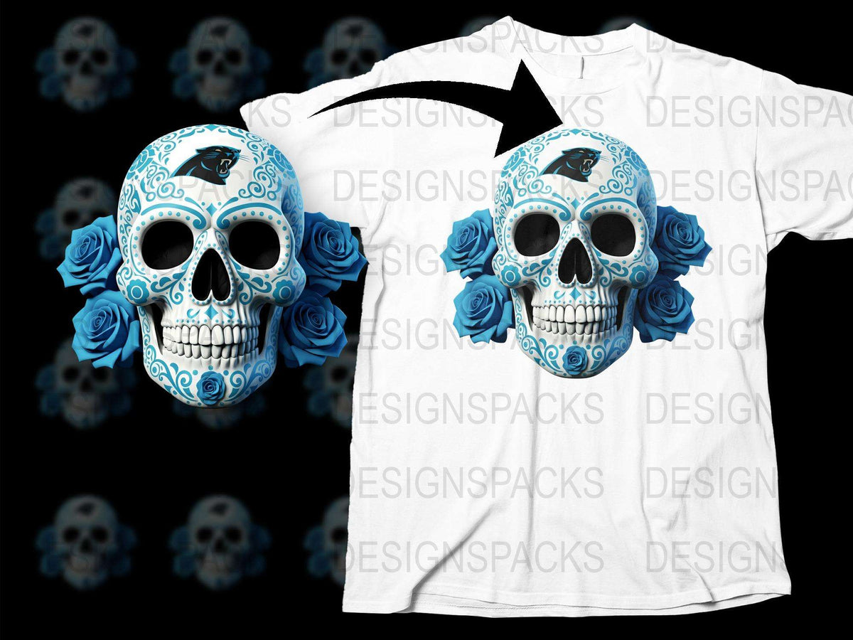 Blue Floral Sugar Skull T-Shirt, Dia de los Muertos Cotton Tee, Unisex Skull Graphic Shirt