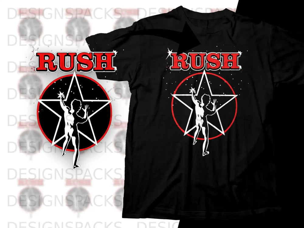Black t-shirt with red star and Rush band logo.