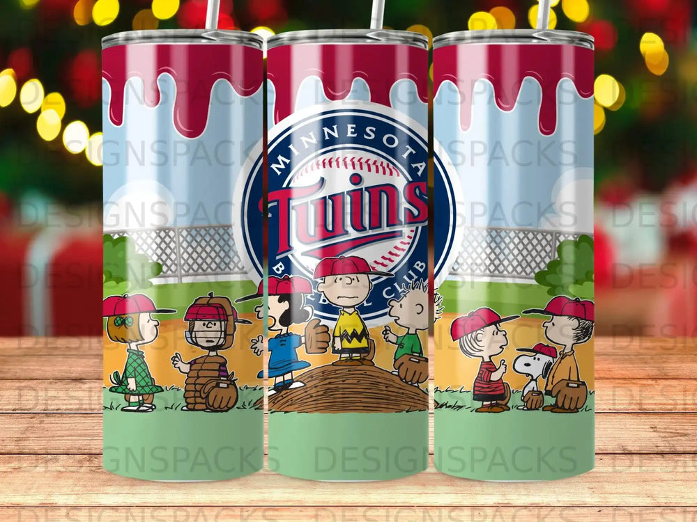 Minnesota Twins characters on a tumbler with a green bottom and red and white background.
