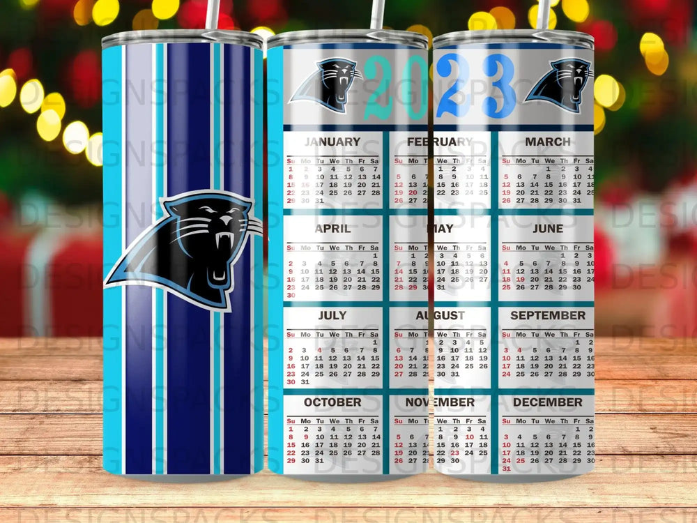 Black and blue tumbler with full 2023 calendar and Carolina Panthers logo.
