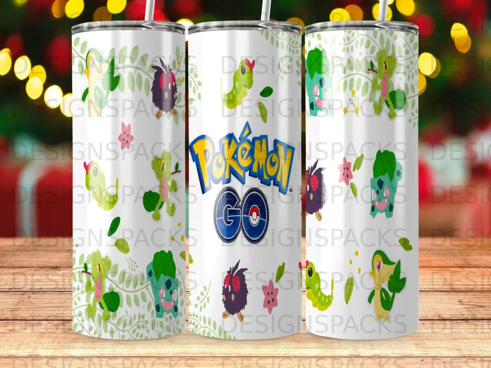 Pokémon Go tumblers with Bulbasaur and other Pokémon characters.