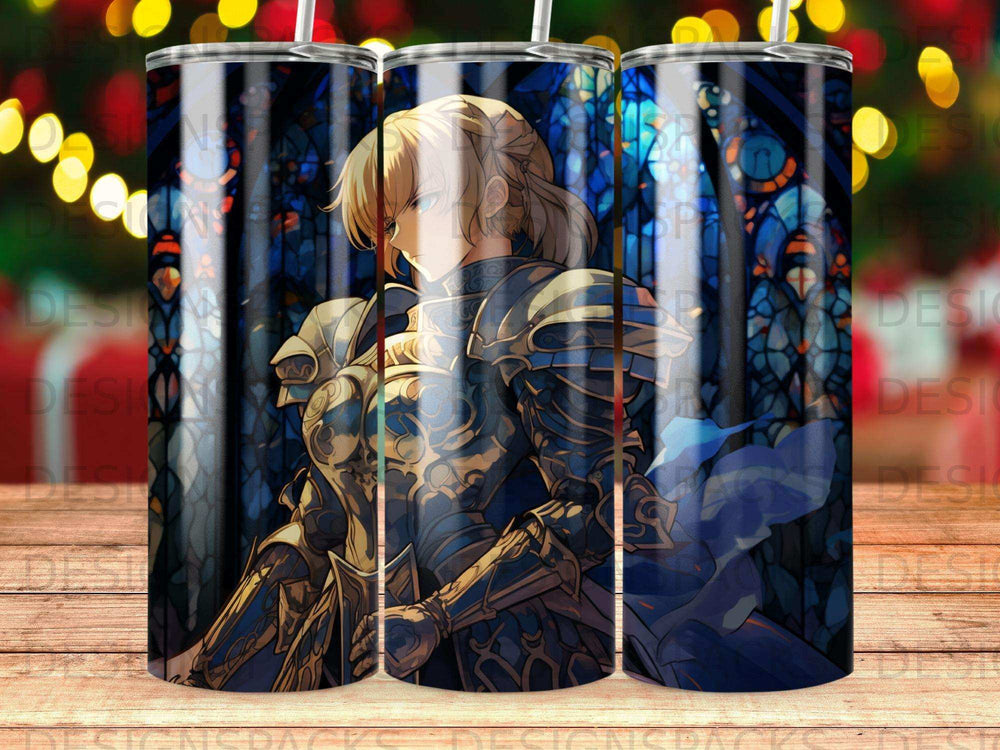 Anime warrior in ornate blue armor, detailed stained glass background.
