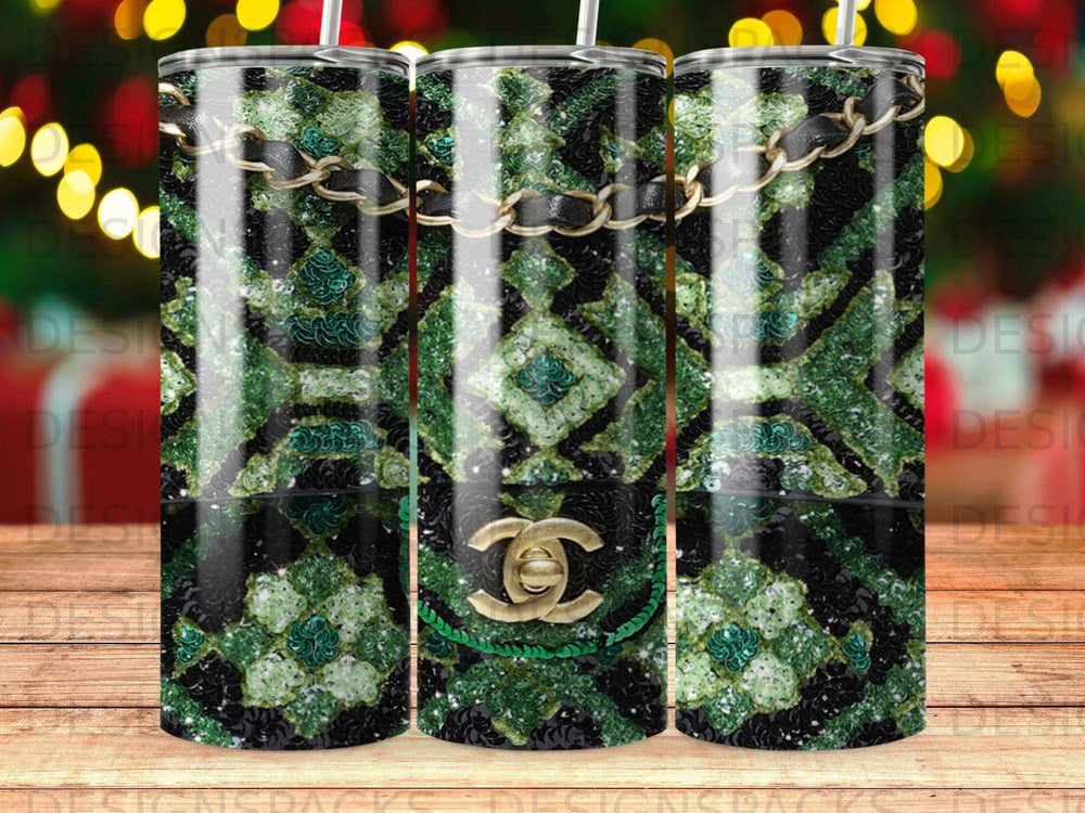 Black and green sequined Chanel bag pattern on a tumbler.