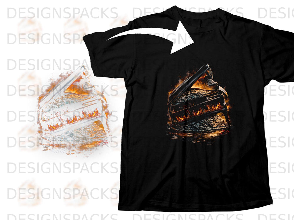 Black t-shirt with graphic of a grand piano filled with money on fire.