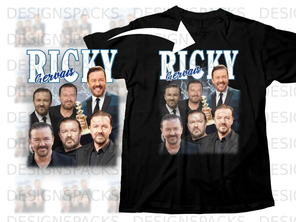 Black t-shirt with Ricky Gervais posed with awards.