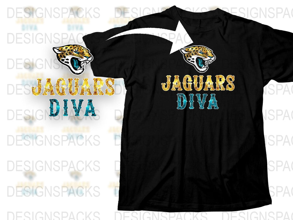 Jaguars Diva T-Shirt, Women's Black Tee, Sports Team Fan Apparel, Sparkly Glitter Text, Trendy Football Season Shirt