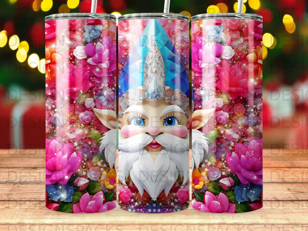 Gnome with blue hat and white beard surrounded by pink and blue flowers.