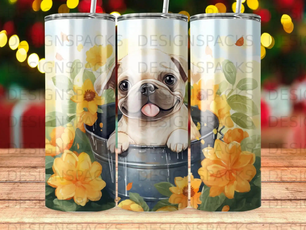 French bulldog puppy peeking out of a bucket surrounded by sunflowers.