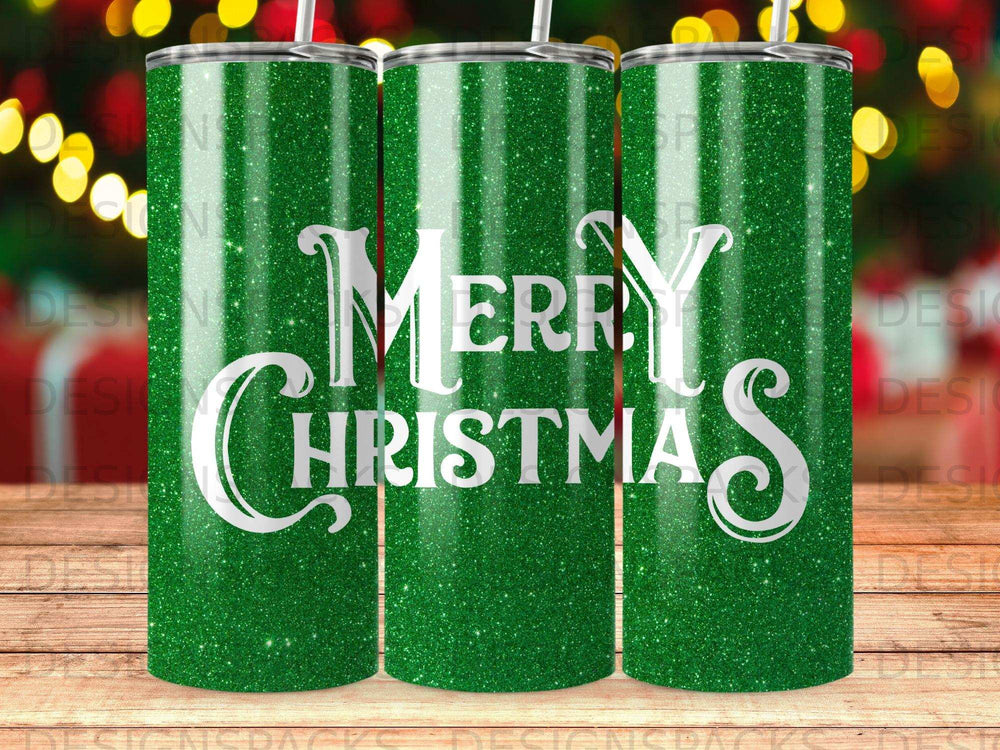 Green glitter tumbler with "Merry Christmas" text.
