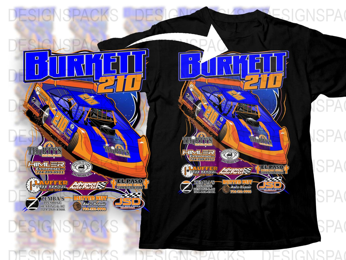 Race Car T-Shirt Burnett 210 Graphic Tee, Racing Team Apparel, Motorsport Enthusiast Gift, Blue and Orange Design