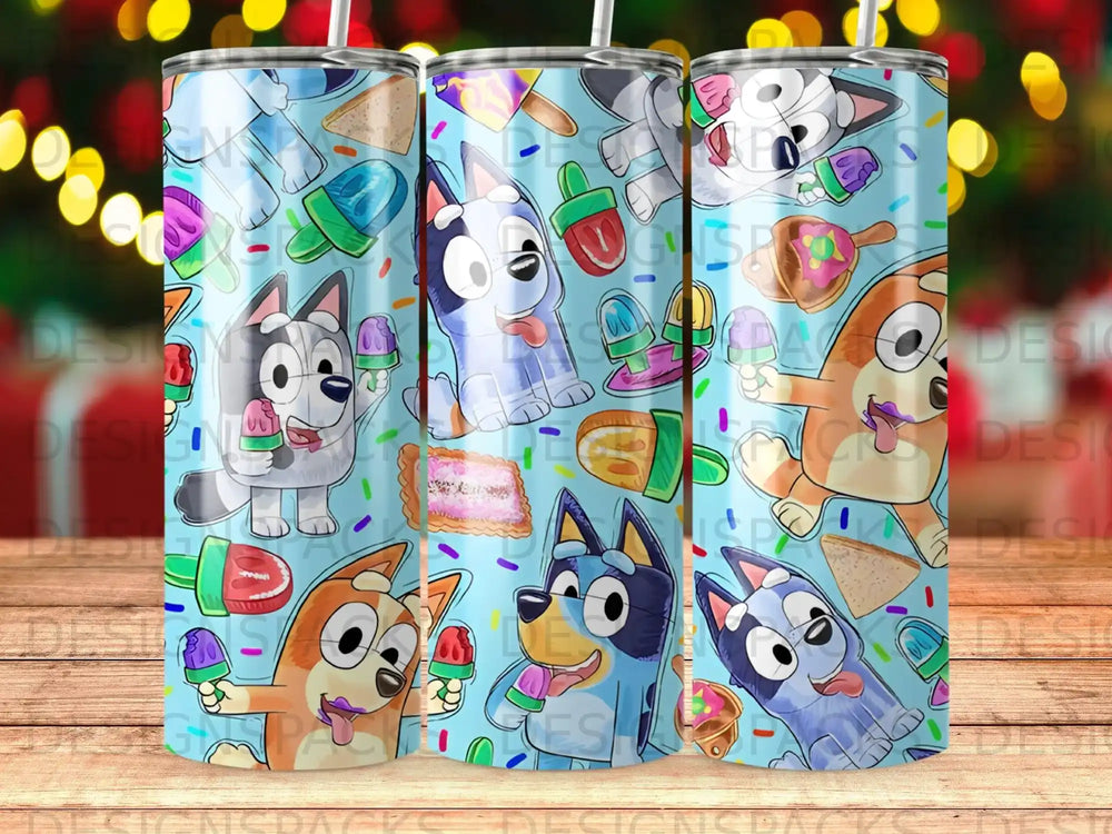 Bluey and Bingo characters with popsicles on a blue background with colorful sprinkles.