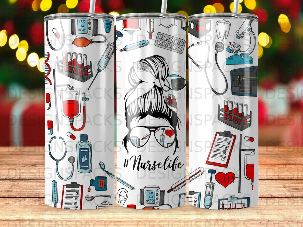 Tumbler with #Nurselife design, featuring medical icons and DNA helix.