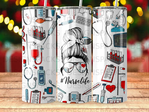Tumbler with #Nurselife design, featuring medical icons and DNA helix.