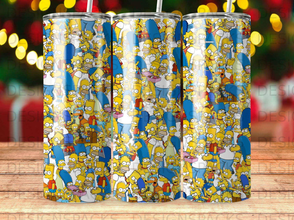The Simpsons characters in a repeating pattern covering a tumbler.