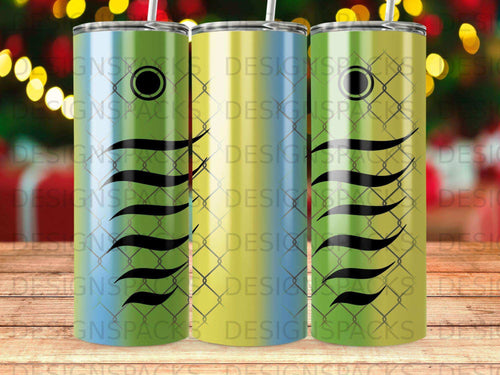 Three tumblers with a green and yellow striped pattern and black wavy lines.
