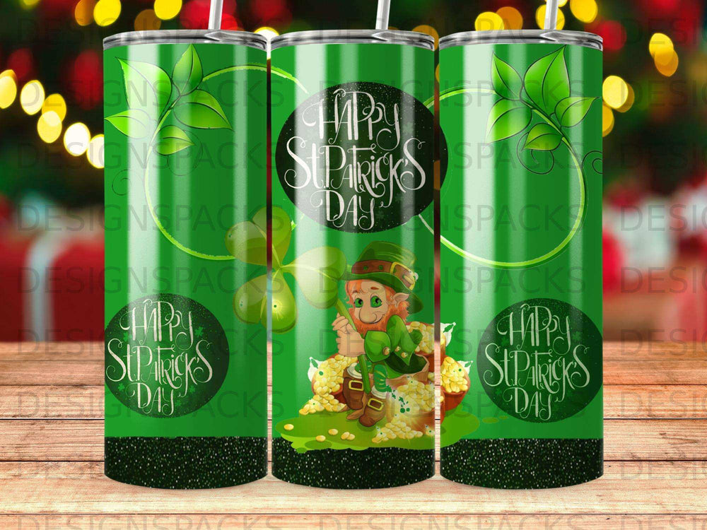 St. Patrick's Day tumbler with leprechaun, shamrock, and "Happy St. Patrick's Day" text.