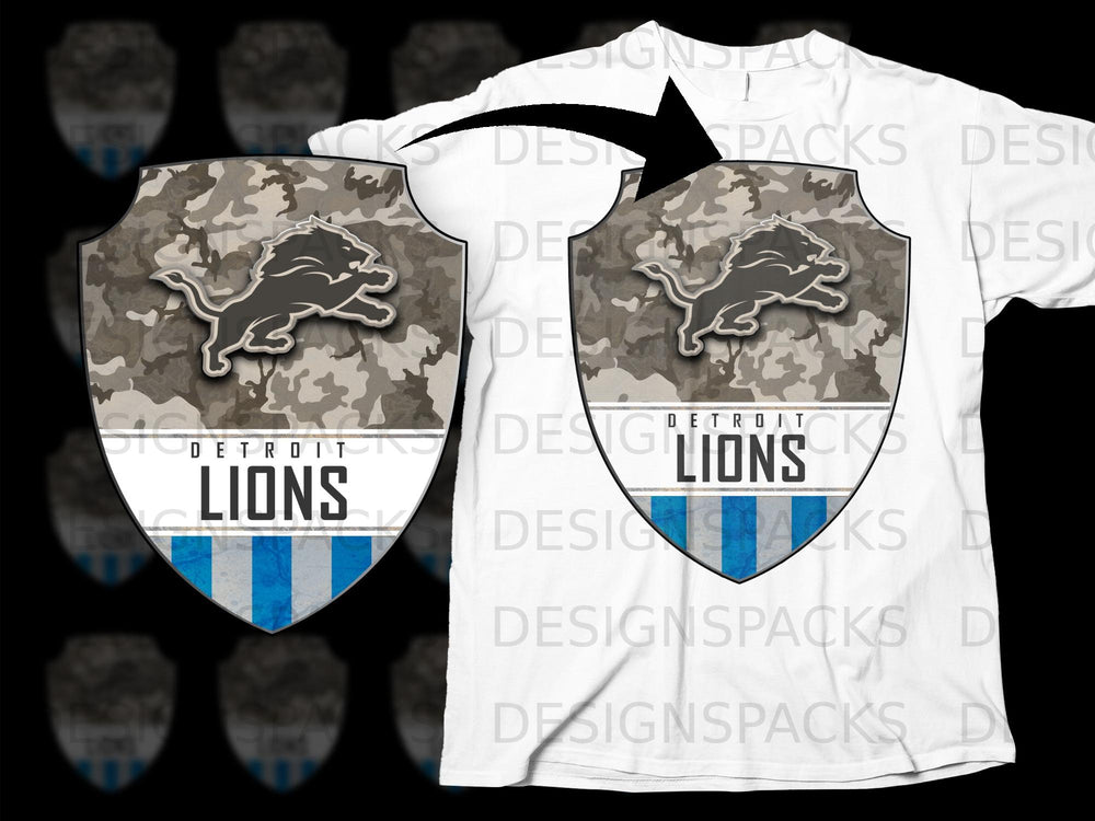 Detroit Lions shield logo with camouflage pattern on white t-shirt.