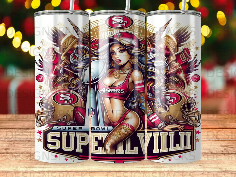 San Francisco 49ers woman in uniform with Super Bowl LVIII logo.