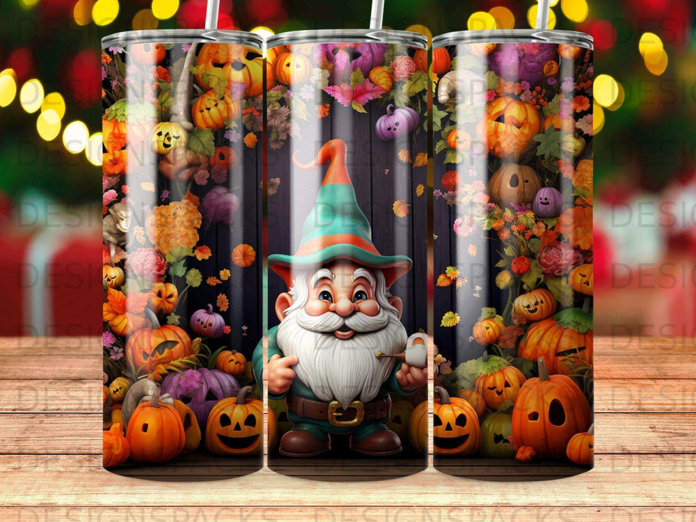 Gnome with pumpkins and fall leaves on a tumbler.