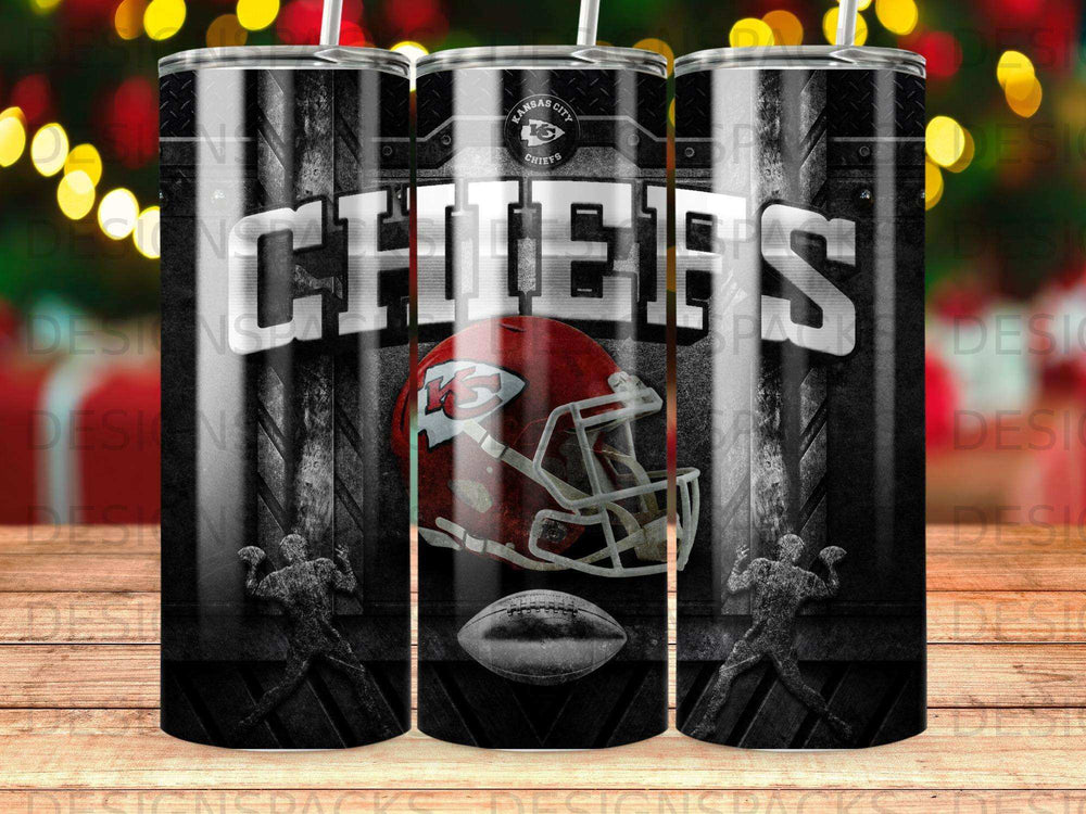 Kansas City Chiefs helmet, football, and logo on a tumbler design.