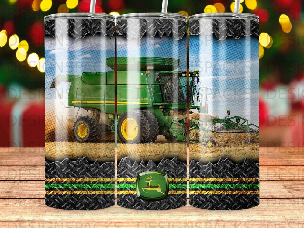 John Deere 9770 STS combine harvester in a field with a rustic border.