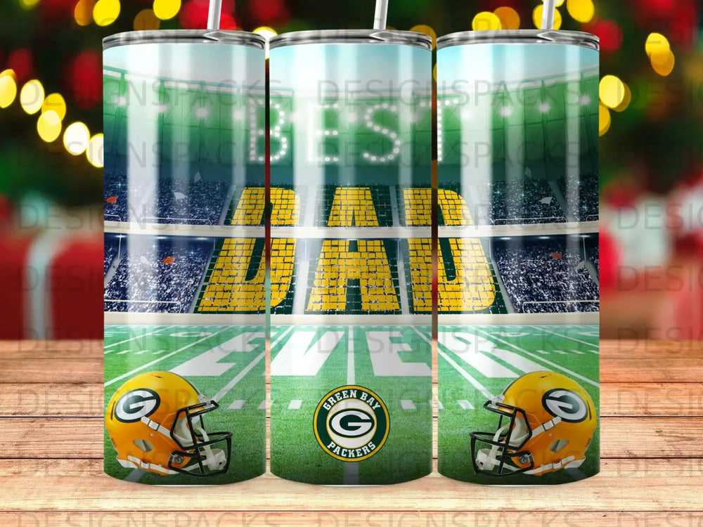 Green Bay Packers "BEST DAD" tumbler with stadium and helmet design.