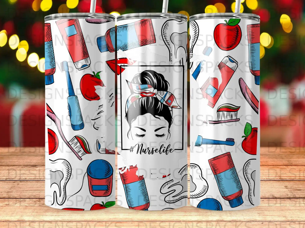 Nurse pattern tumbler with medical icons, teeth, brushes, and apples.