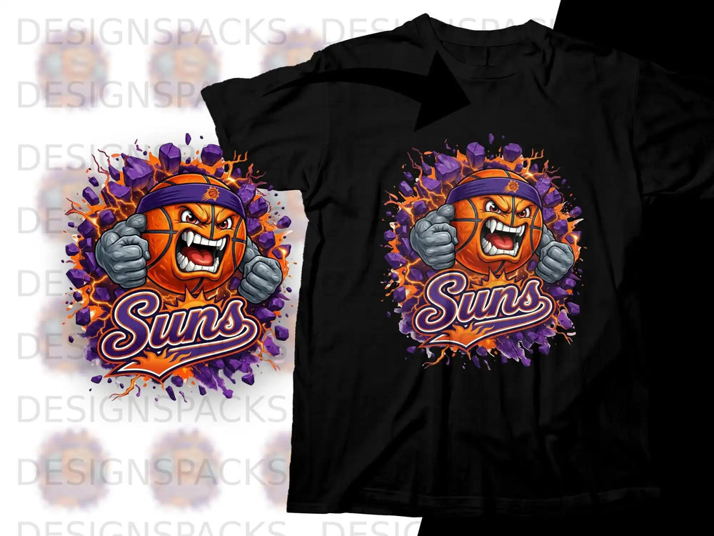 Cartoon basketball with Suns logo on a black t-shirt.