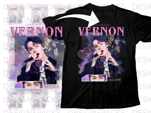 Black t-shirt with Vernon of Seventeen and Korean text 
