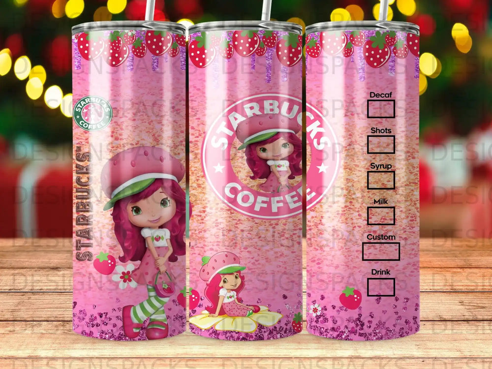 Starbucks tumbler with strawberry and coffee themes.