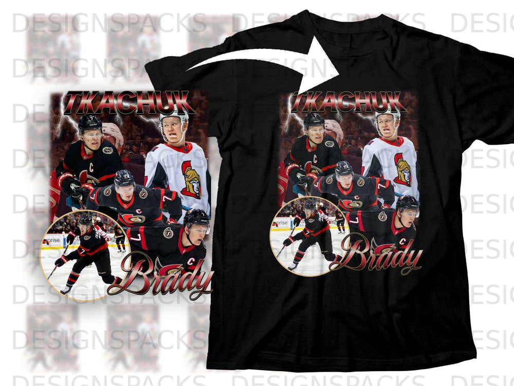 Black t-shirt with graphic featuring hockey player Brady Tkachuk.