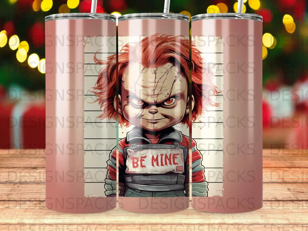 Chucky doll with "BE MINE" on chest, set against patterned background.