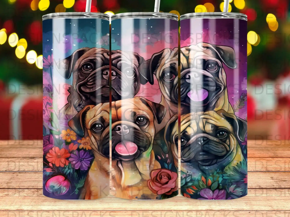Four pugs with colorful floral background, watercolor style.