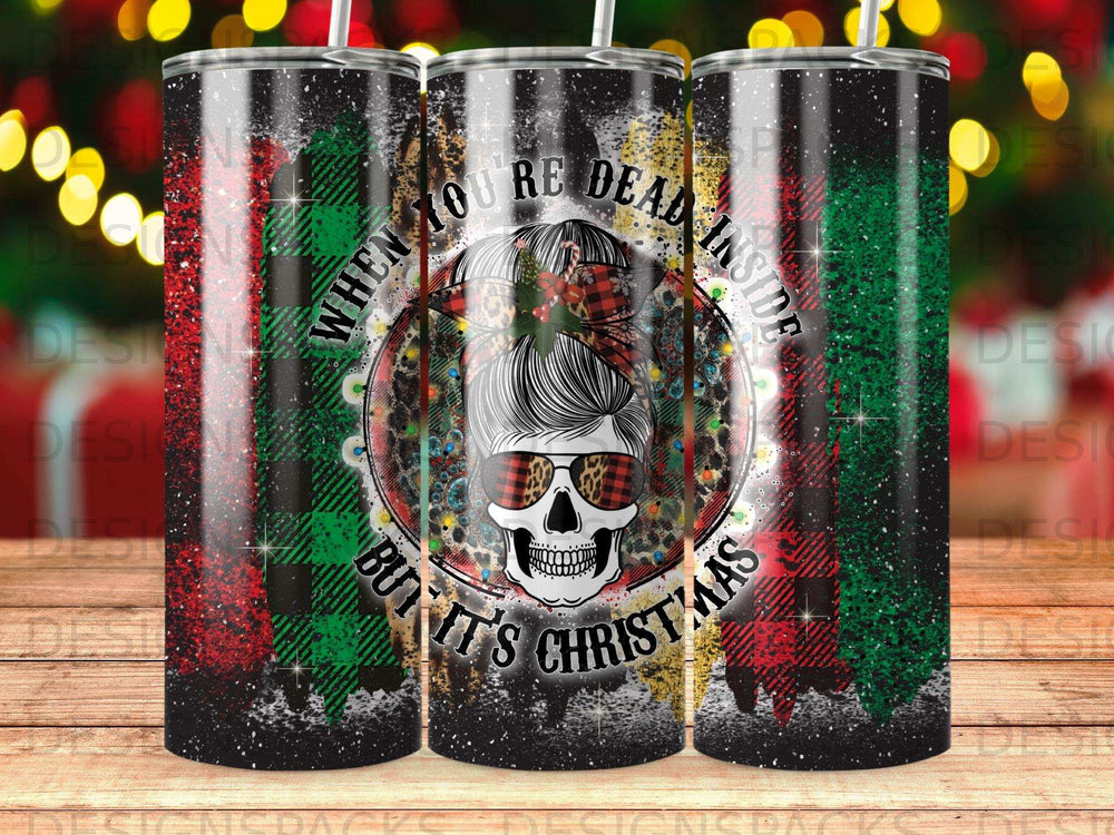 Tumbler with plaid, skull, and Christmas lights, reading "When you're dead inside, but it's Christmas."